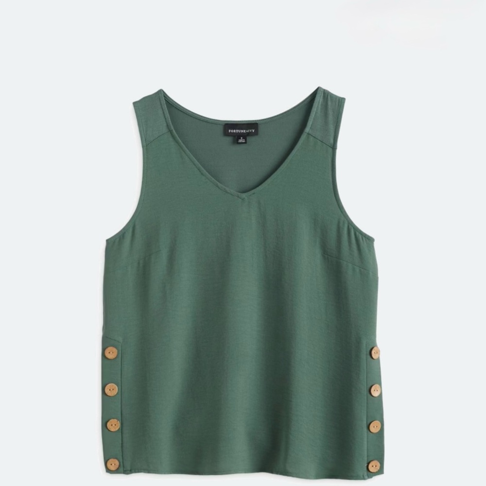 NWT Fortune + Ivy Green Sleeveless Blouse Top with Button Large NEW